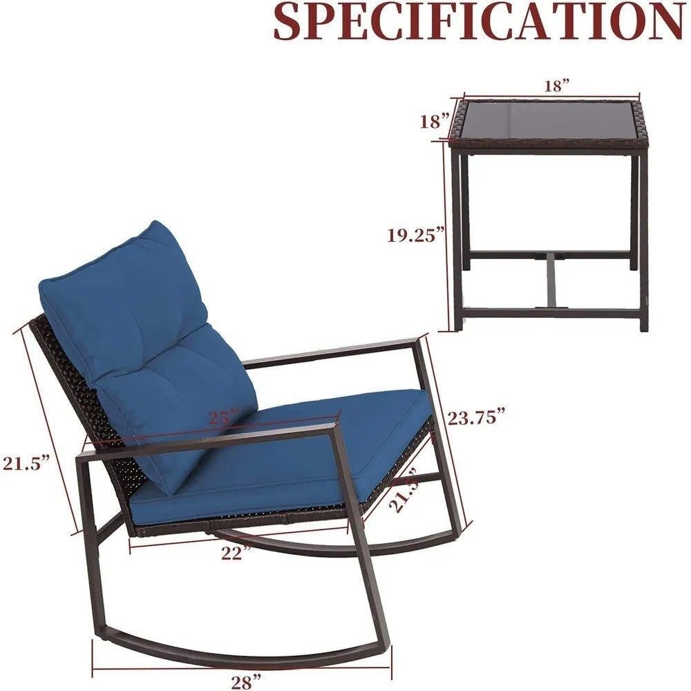 Set of 2 Wicker Black Iron Frame Rocking Chair with Blue Cushioned Seat