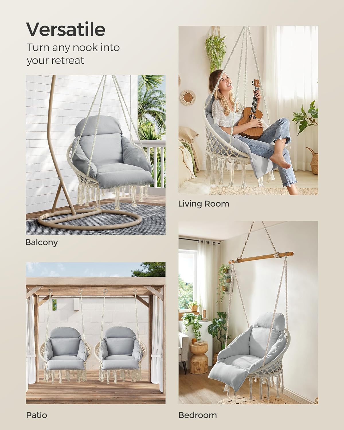 SONGMICS Hanging Hammock Chair with Large, Thick Cushion