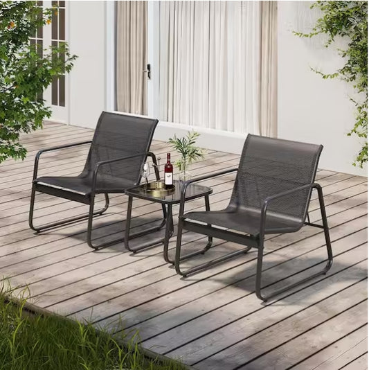 Patio Furniture Set with Metal Frame Glass Table, Black