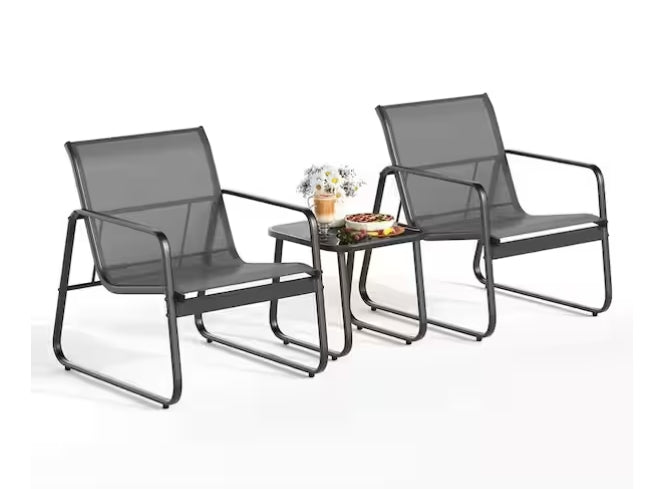 Patio Furniture Set with Metal Frame Glass Table, Black