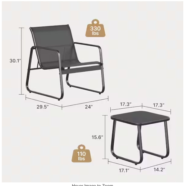 Patio Furniture Set with Metal Frame Glass Table, Black