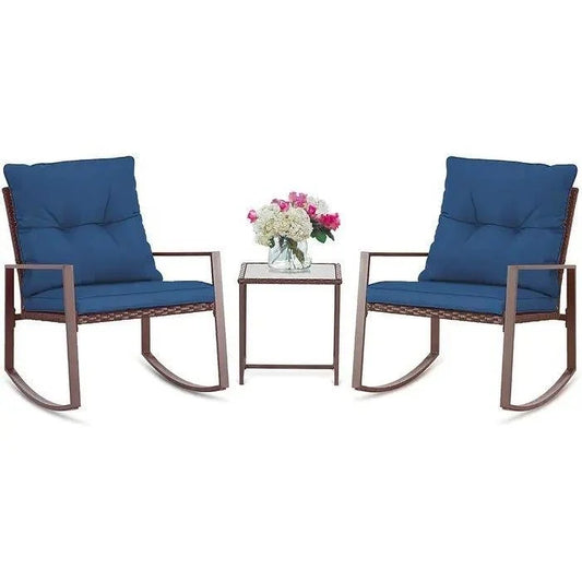 Set of 2 Wicker Black Iron Frame Rocking Chair with Blue Cushioned Seat