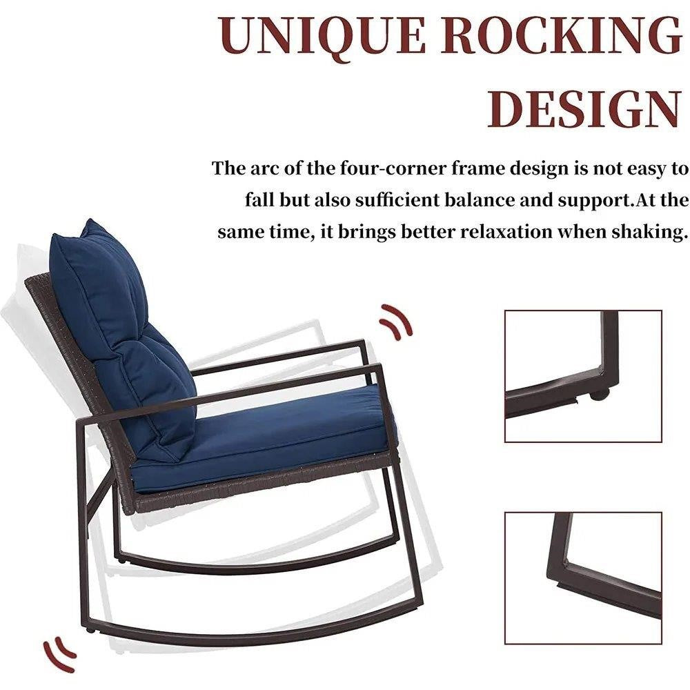 Set of 2 Wicker Black Iron Frame Rocking Chair with Blue Cushioned Seat