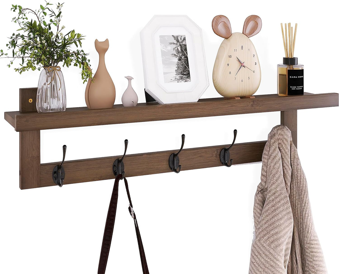 Bamboo Shelf with Coat Hooks