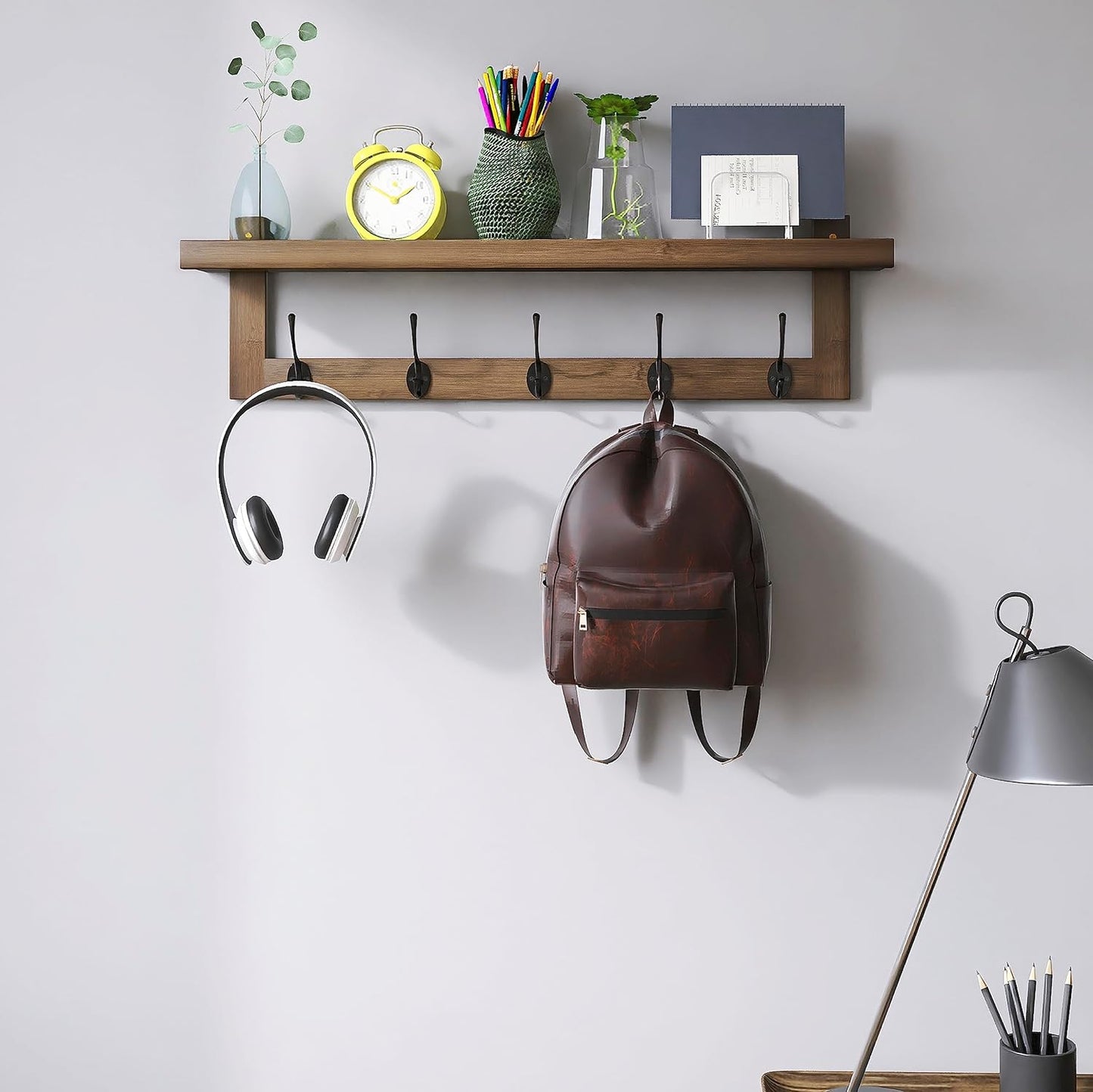 Bamboo Shelf with Coat Hooks