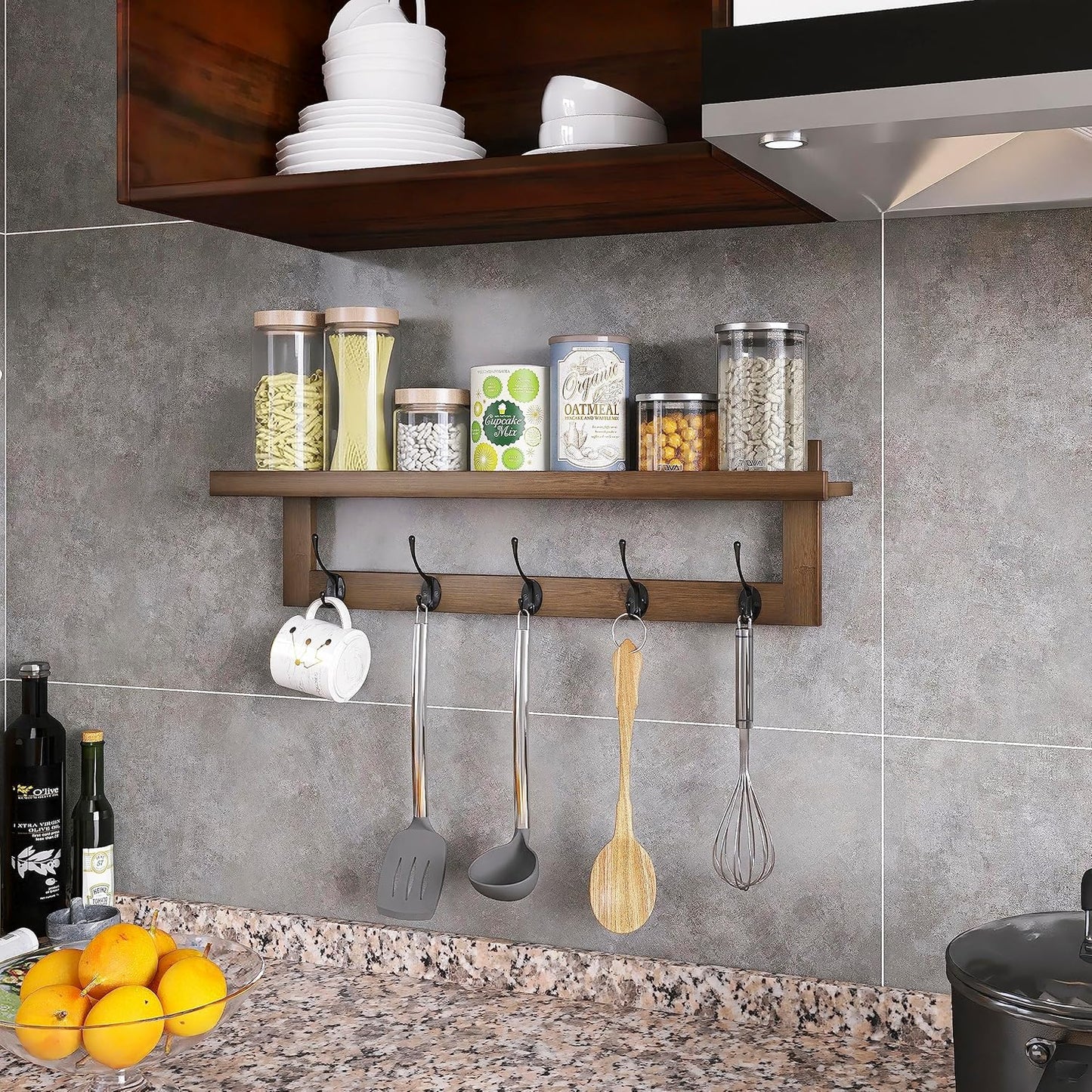 Bamboo Shelf with Coat Hooks