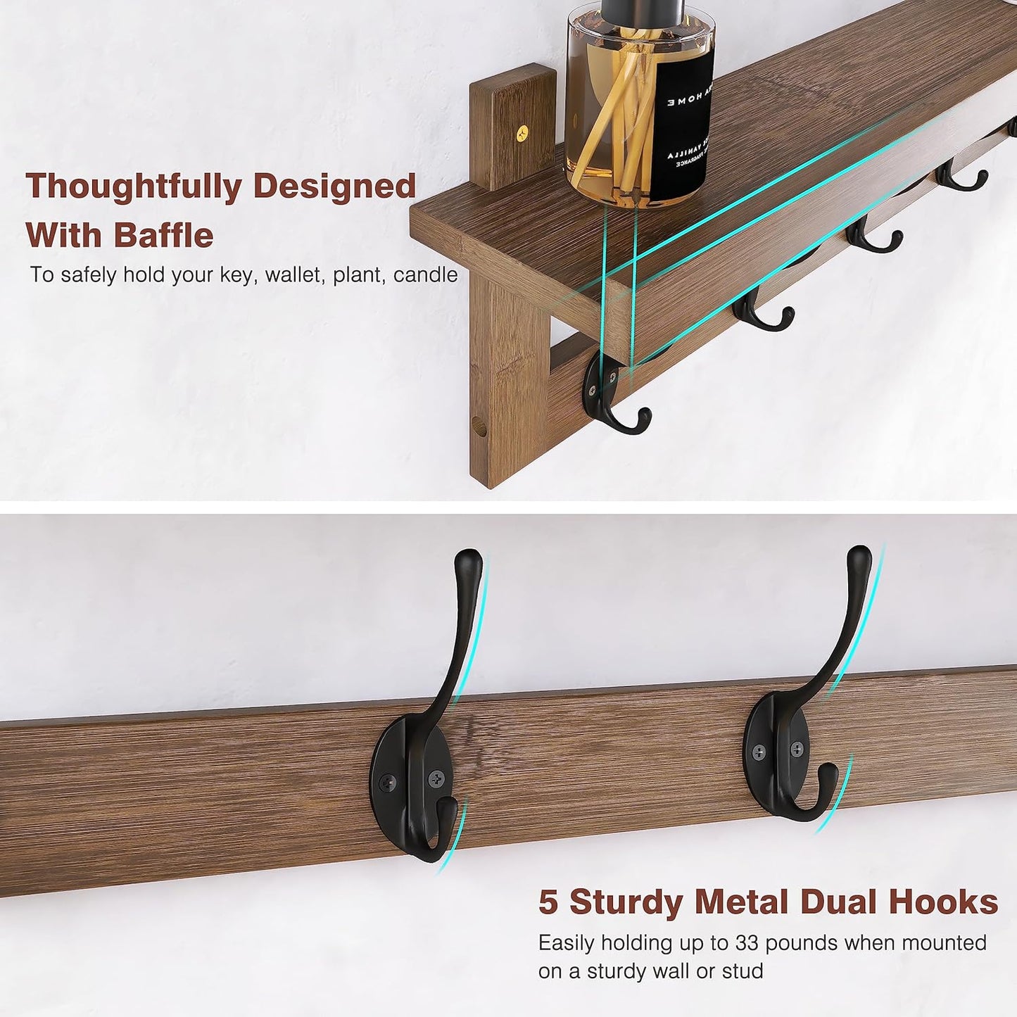 Bamboo Shelf with Coat Hooks