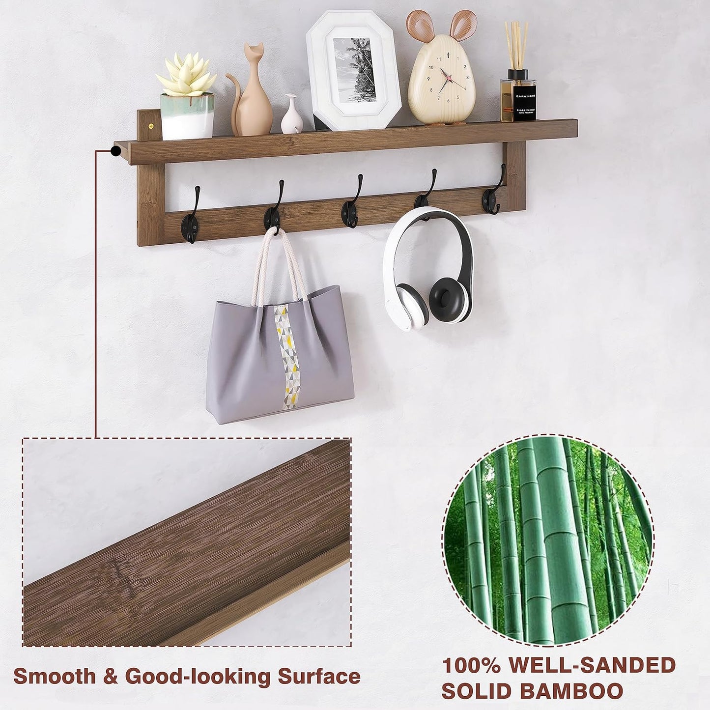 Bamboo Shelf with Coat Hooks